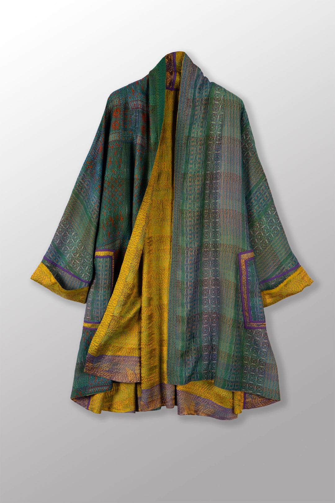 VINTAGE SILK GEORGETTE KANTHA KIMONO LONG JACKET - sg2005-0005a -