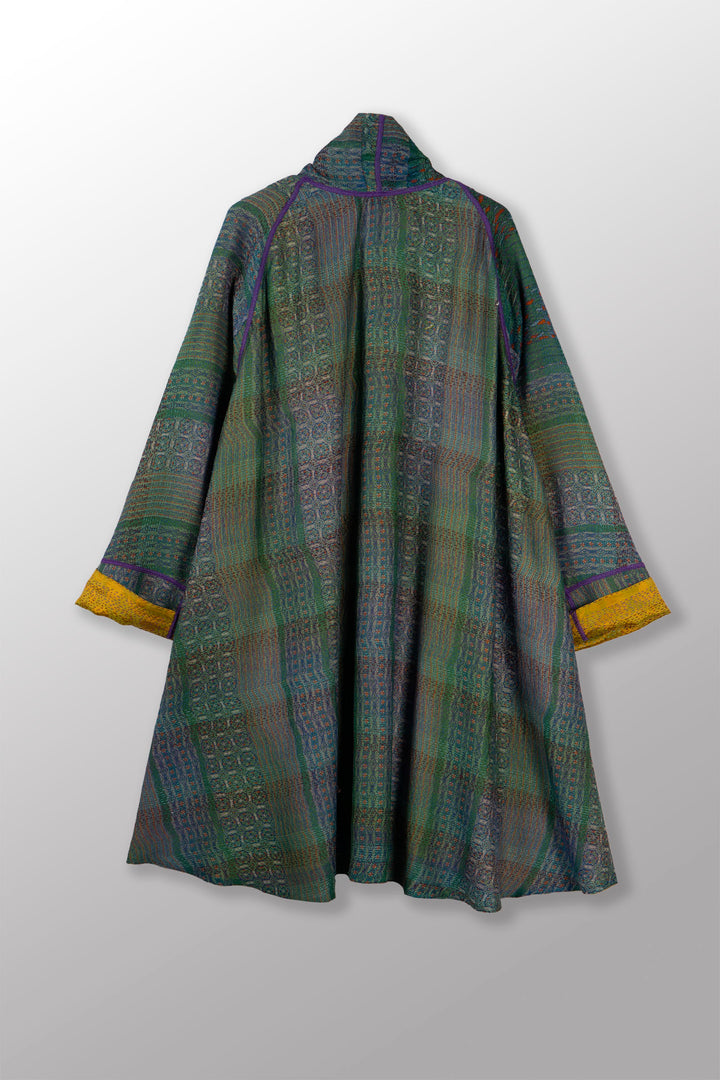 VINTAGE SILK GEORGETTE KANTHA KIMONO LONG JACKET - sg2005-0005a -