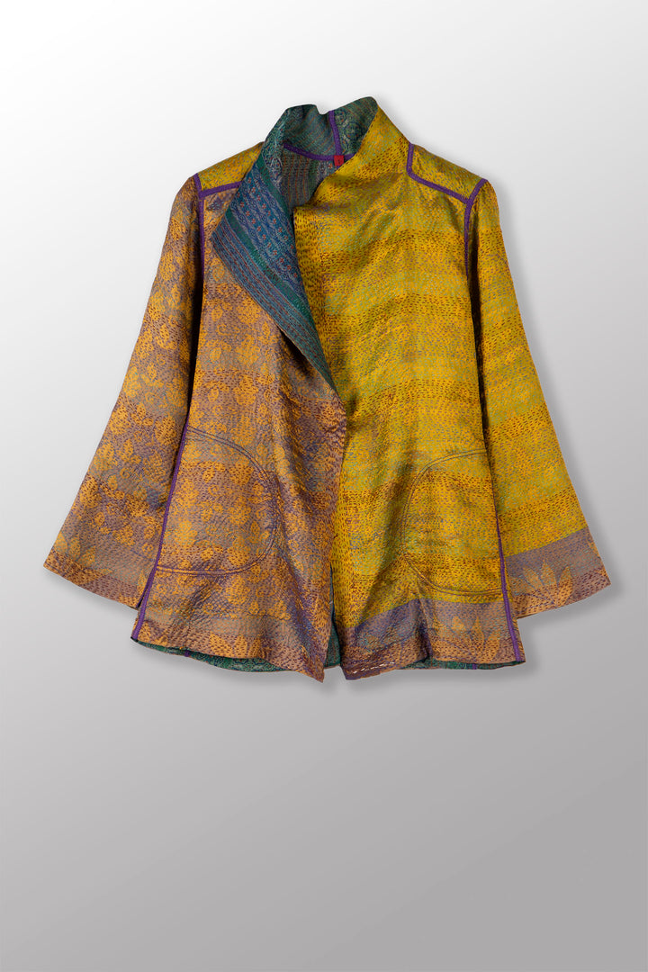 VINTAGE SILK GEORGETTE KANTHA SHORT JACKET - sg2007-0004s -