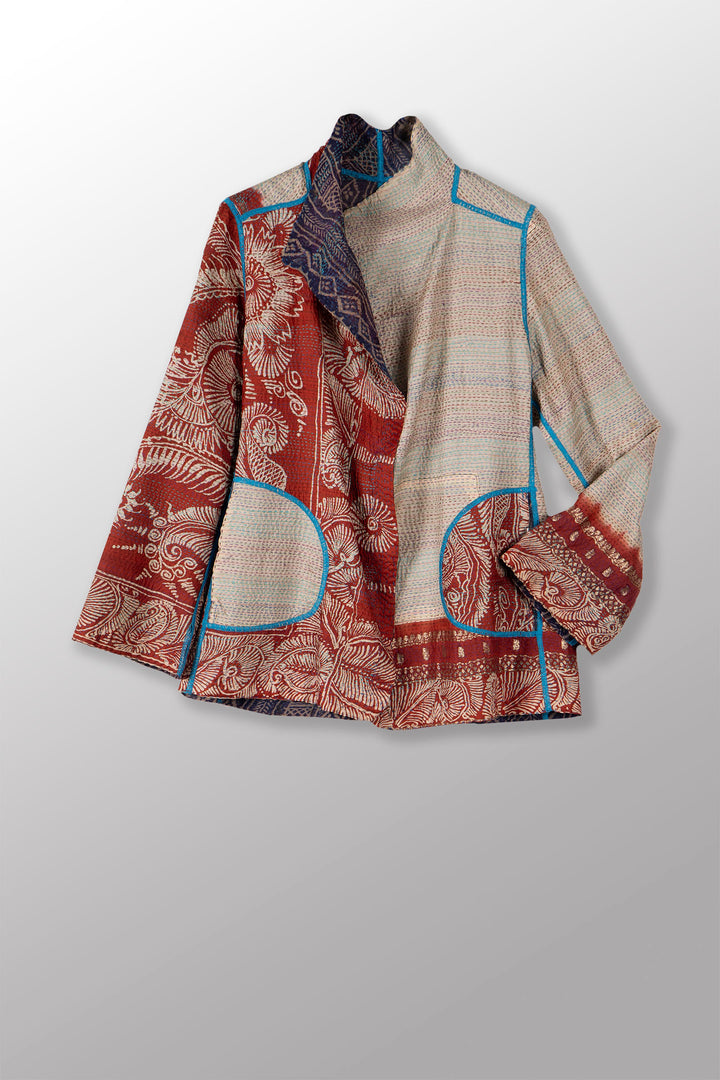 VINTAGE SILK GEORGETTE KANTHA SHORT JACKET - sg2007-0005m -