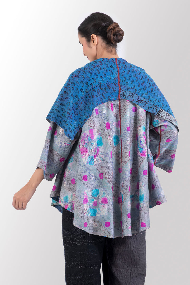 VINTAGE SILK GEORGETTE KANTHA CIRCULAR LONG JACKET - sg2009-0001a -