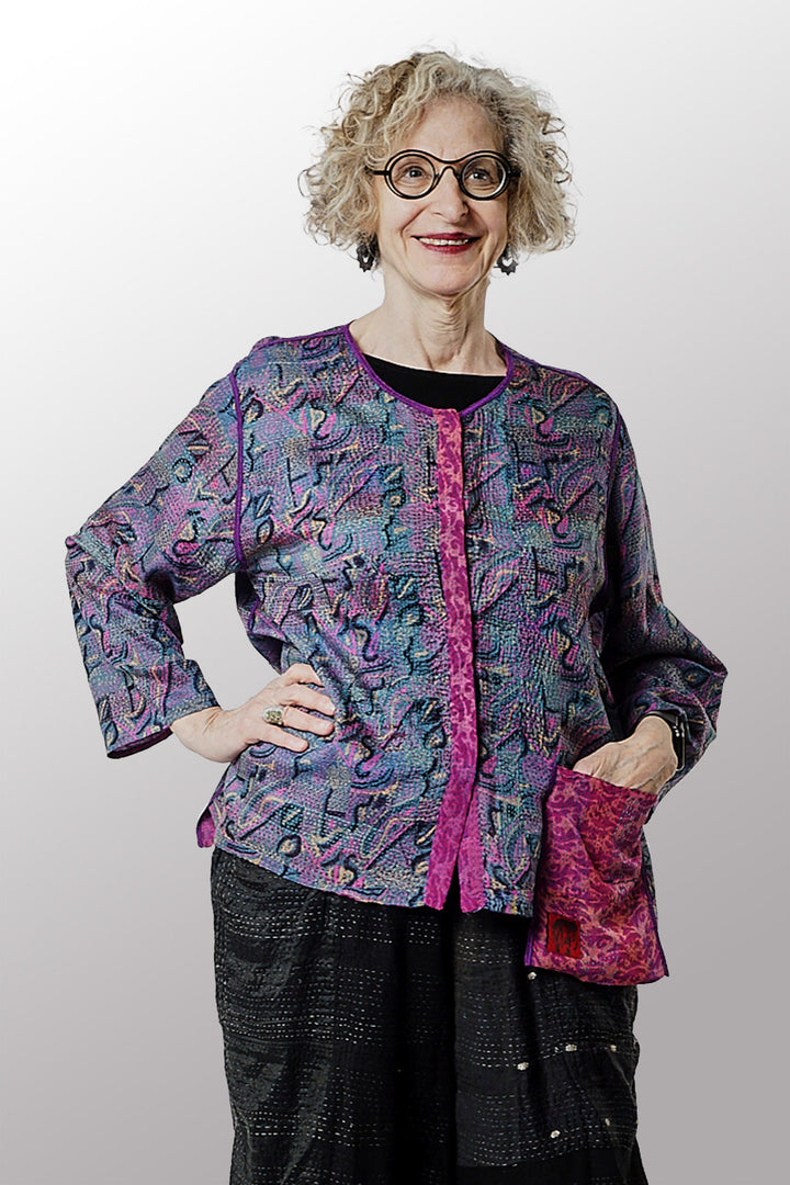 VINTAGE SILK GEORGETTE KANTHA A-LINE SHORT JKT - sg2019-0001a -