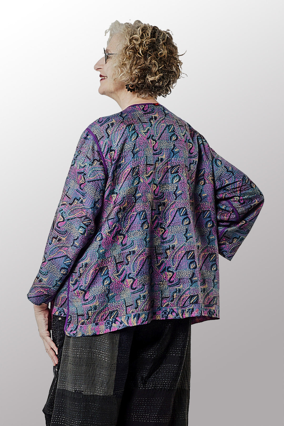 VINTAGE SILK GEORGETTE KANTHA A-LINE SHORT JKT - sg2019-0001a -