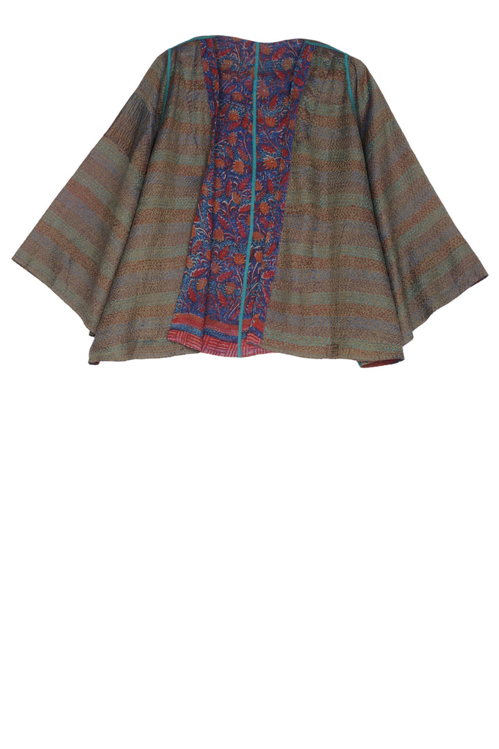 VINTAGE SILK GEORGETTE KANTHA BELL SHAPE JACKET - sg2048-0001a -