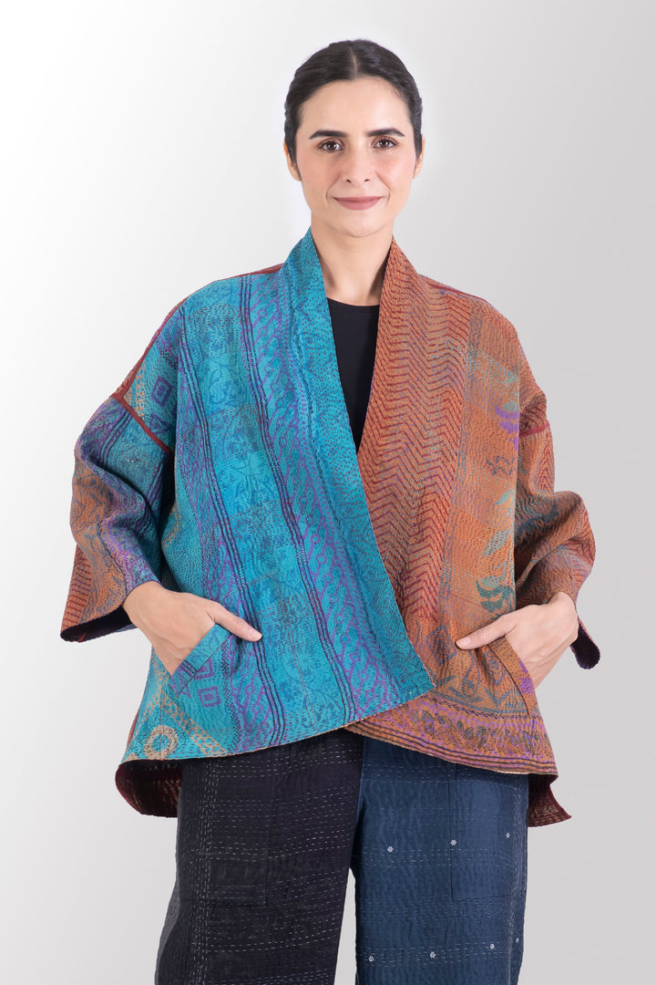 VINTAGE SILK GEORGETTE KANTHA MINI KIMONO JACKET - sg2055-0008a -