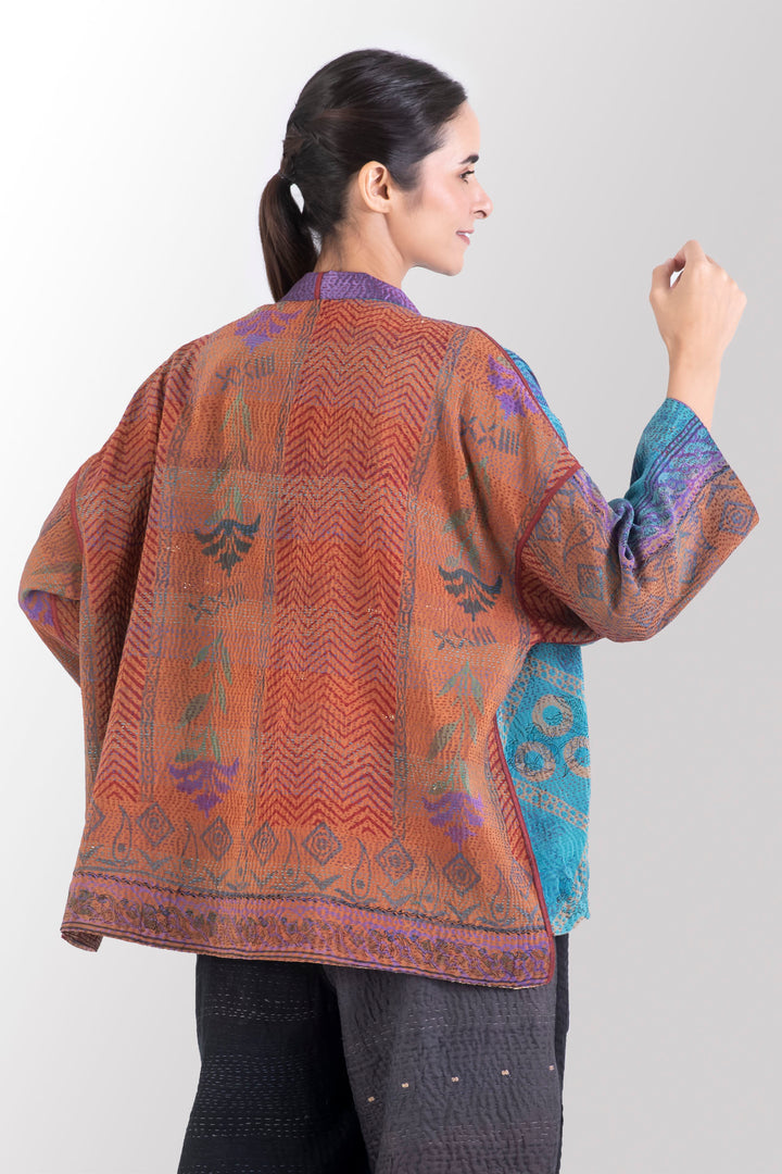 VINTAGE SILK GEORGETTE KANTHA MINI KIMONO JACKET - sg2055-0008a -