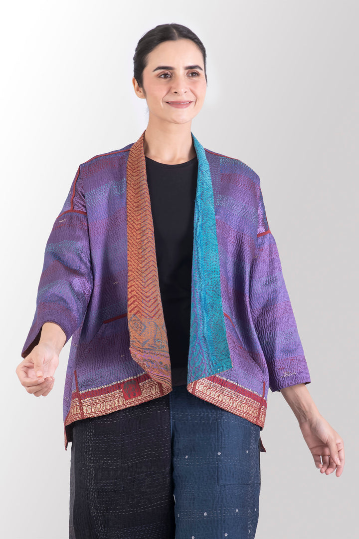 VINTAGE SILK GEORGETTE KANTHA MINI KIMONO JACKET - sg2055-0008a -