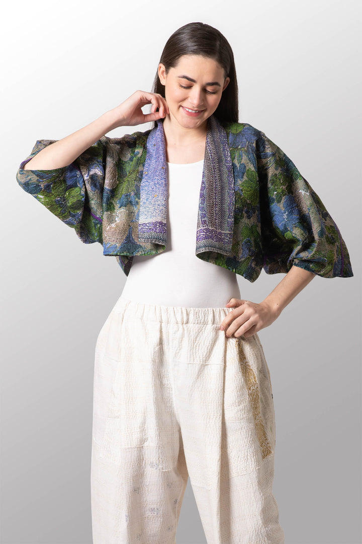 VINTAGE SILK GEORGETTE KANTHA PUFF SLV. SHRUG - sg2062-0007a -