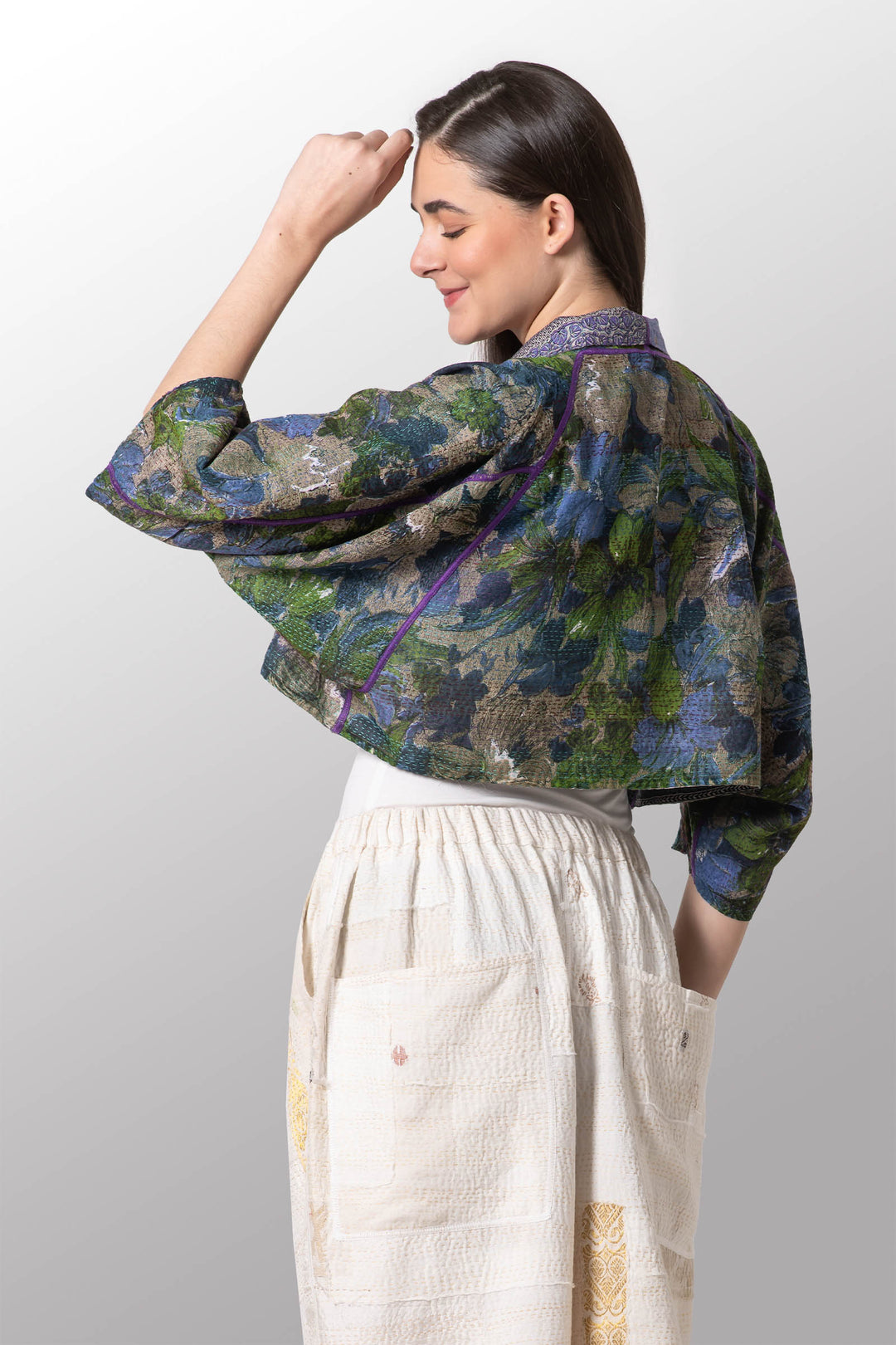 VINTAGE SILK GEORGETTE KANTHA PUFF SLV. SHRUG - sg2062-0007a -