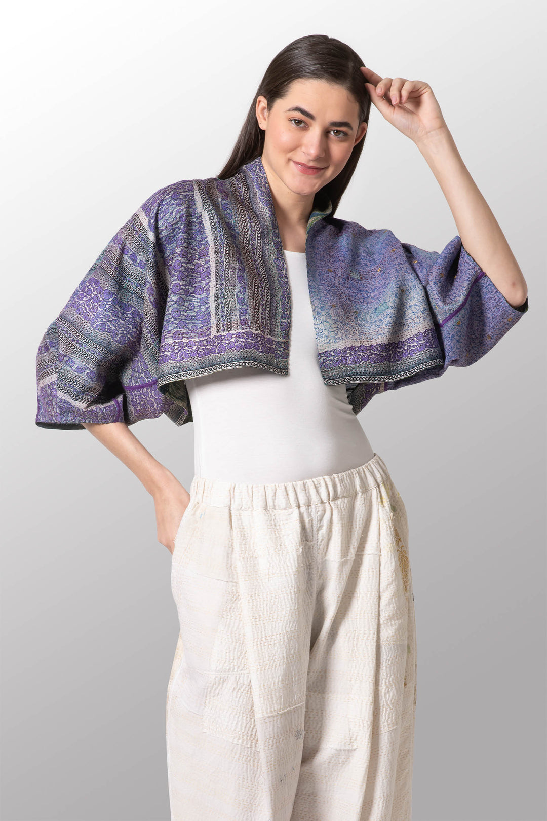 VINTAGE SILK GEORGETTE KANTHA PUFF SLV. SHRUG - sg2062-0007a -