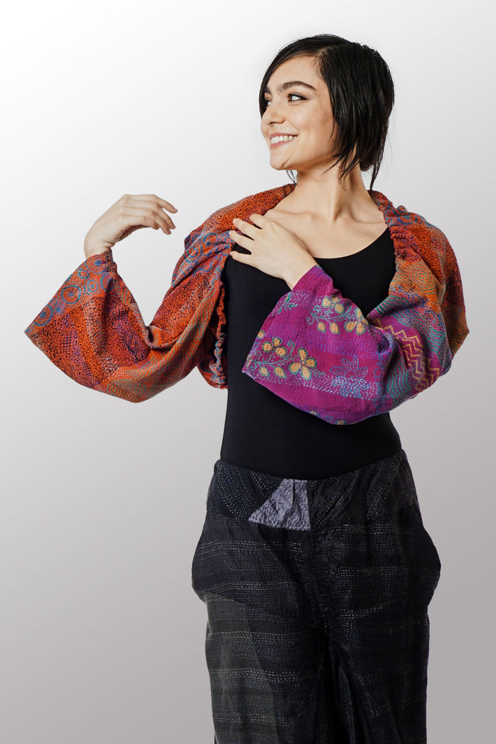 VINTAGE SILK GEORGETTE KANTHA PUFF SHRUG - sg2076-0001a -