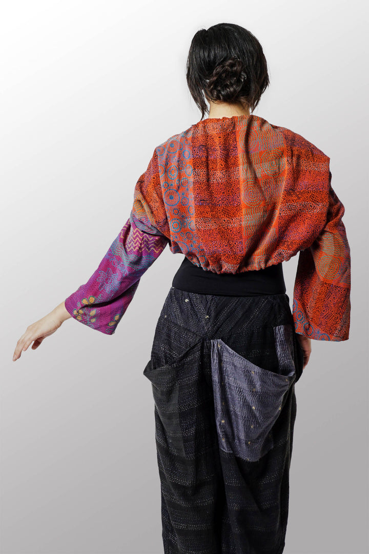 VINTAGE SILK GEORGETTE KANTHA PUFF SHRUG - sg2076-0001a -