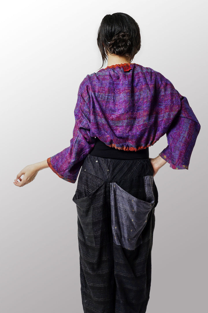VINTAGE SILK GEORGETTE KANTHA PUFF SHRUG - sg2076-0001a -