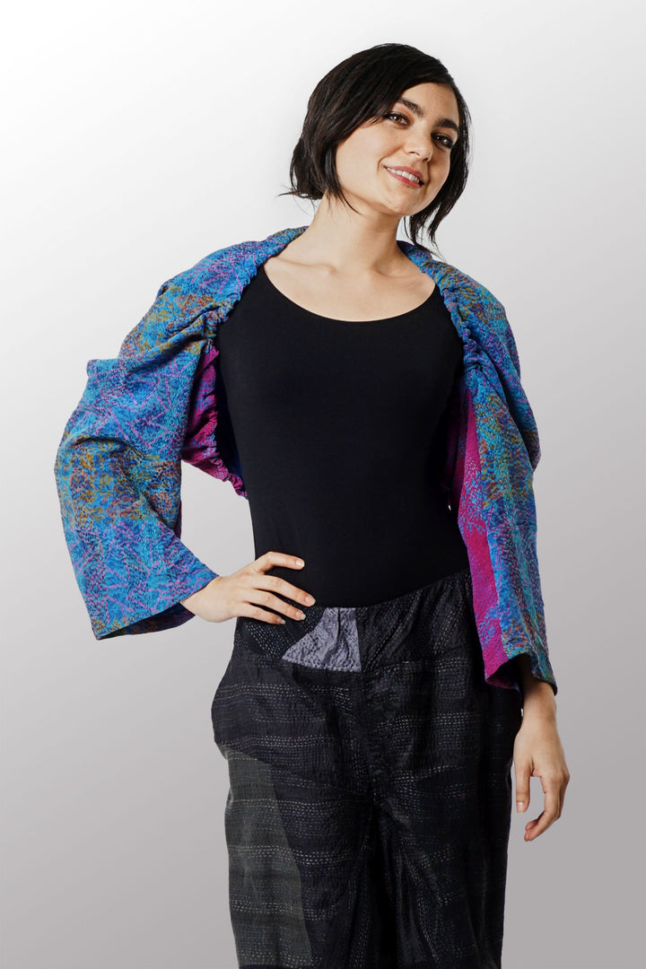 VINTAGE SILK GEORGETTE KANTHA PUFF SHRUG - sg2076-0002a -