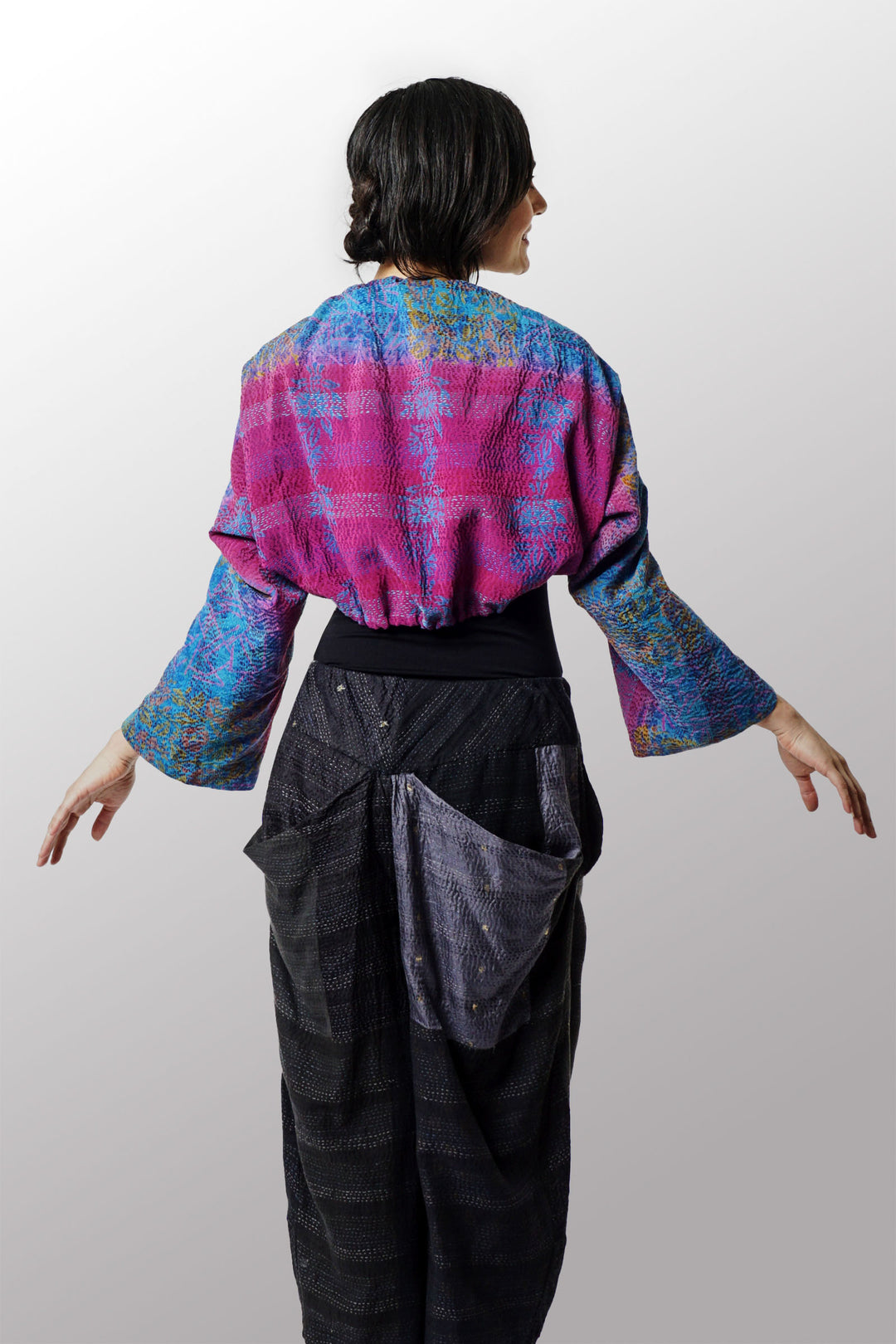 VINTAGE SILK GEORGETTE KANTHA PUFF SHRUG - sg2076-0002a -