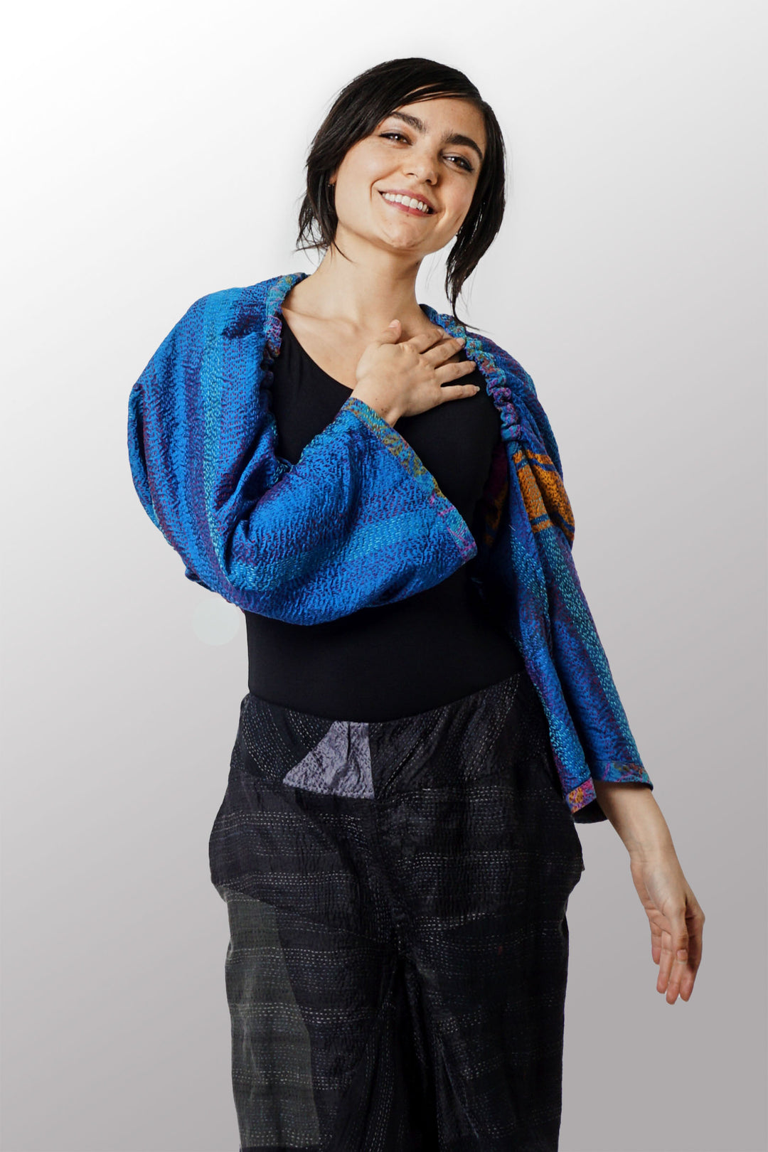 VINTAGE SILK GEORGETTE KANTHA PUFF SHRUG - sg2076-0002a -