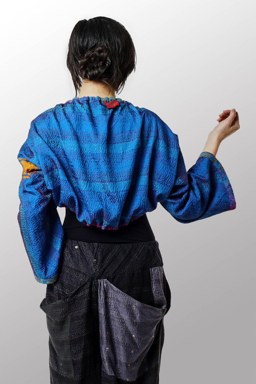 VINTAGE SILK GEORGETTE KANTHA PUFF SHRUG - sg2076-0002a -