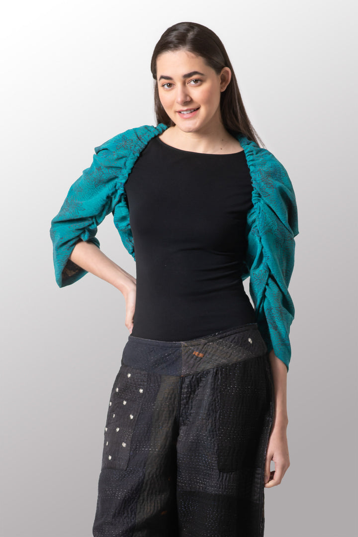 VINTAGE SILK GEORGETTE KANTHA PUFF SHRUG - sg2076-0003a -
