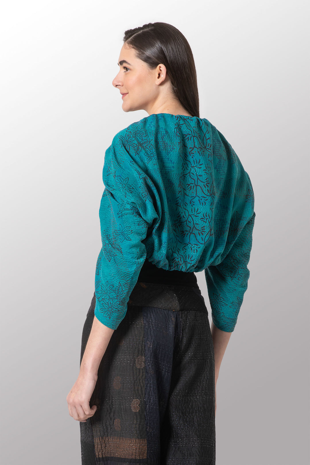 VINTAGE SILK GEORGETTE KANTHA PUFF SHRUG - sg2076-0003a -