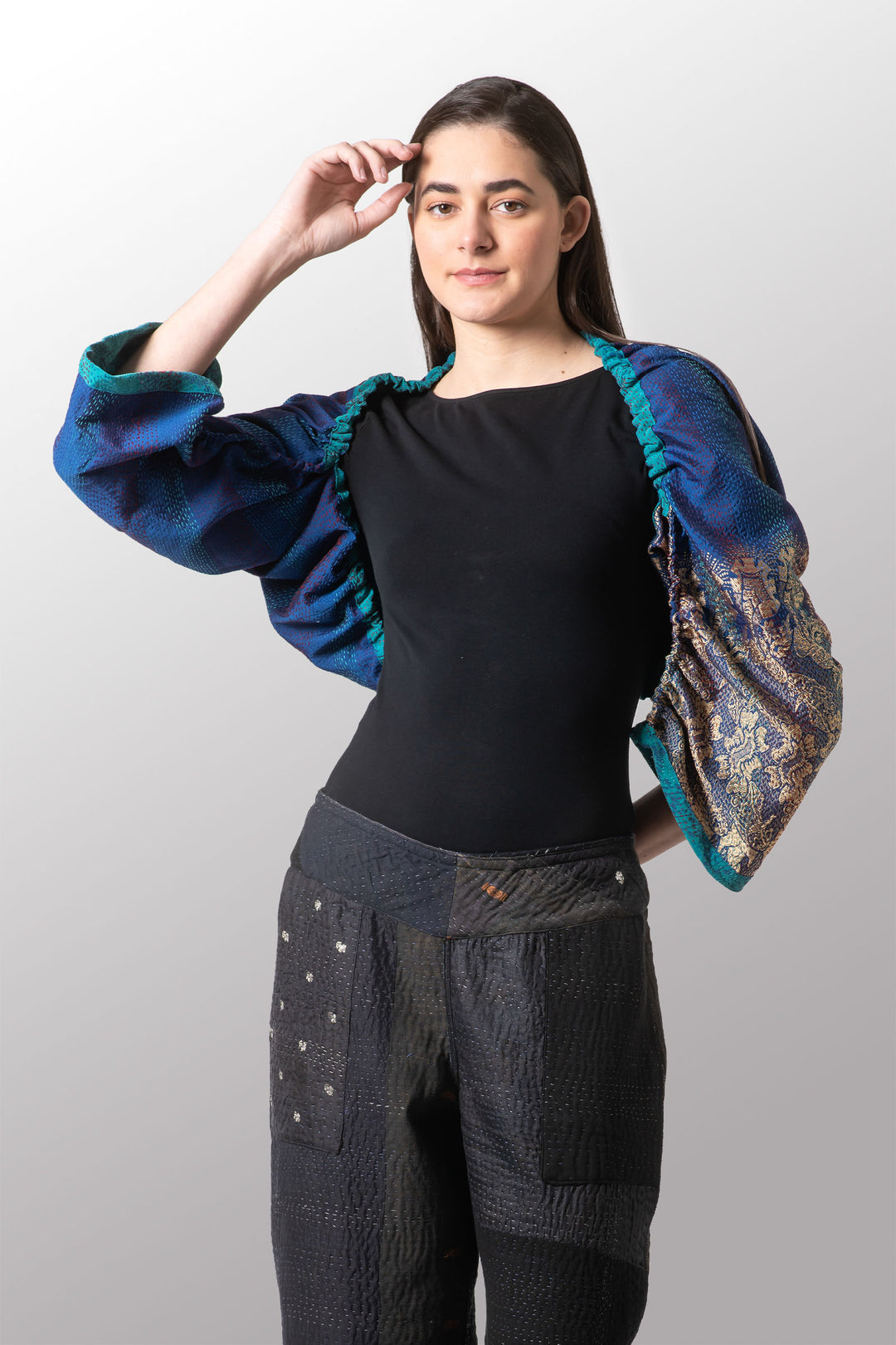 VINTAGE SILK GEORGETTE KANTHA PUFF SHRUG - sg2076-0003a -