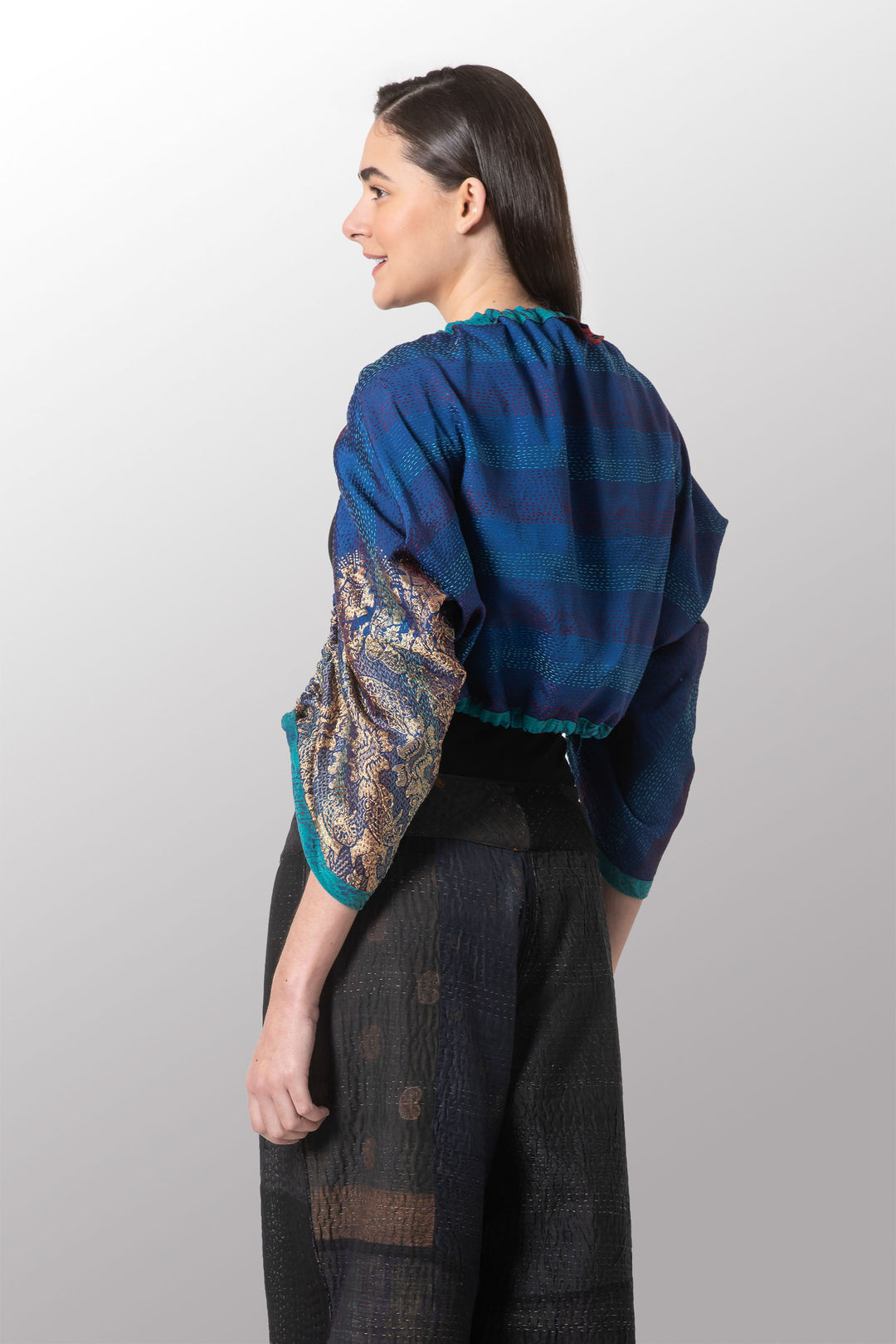 VINTAGE SILK GEORGETTE KANTHA PUFF SHRUG - sg2076-0003a -