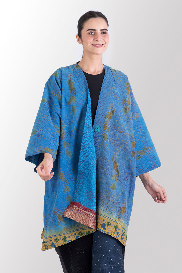 VINTAGE SILK GEORGETTE KANTHA KIMONO DUSTER - sg2317-0002a -