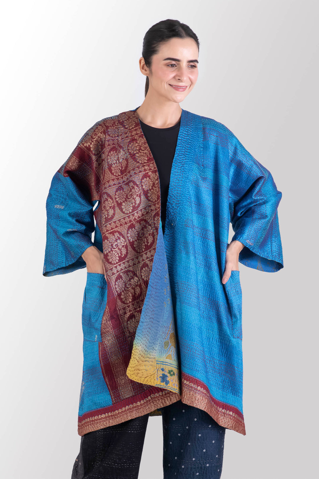 VINTAGE SILK GEORGETTE KANTHA KIMONO DUSTER - sg2317-0002a -