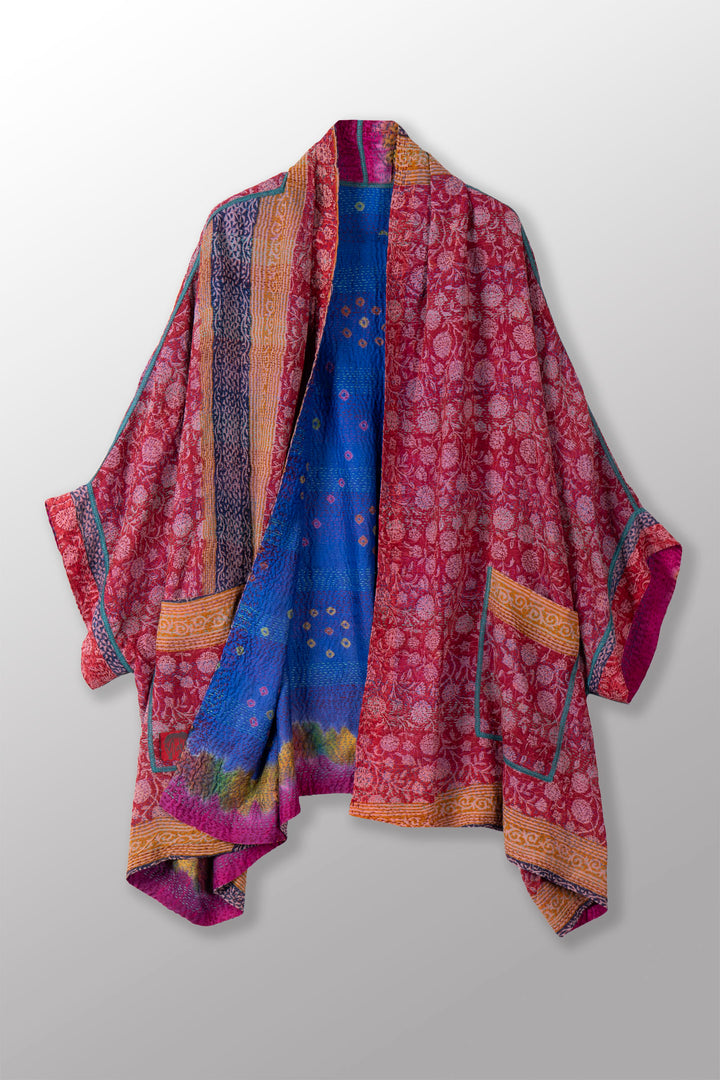 VINTAGE SILK GEORGETTE KANTHA DOUBLE COLLAR PONCHO - sg2323-0022a -