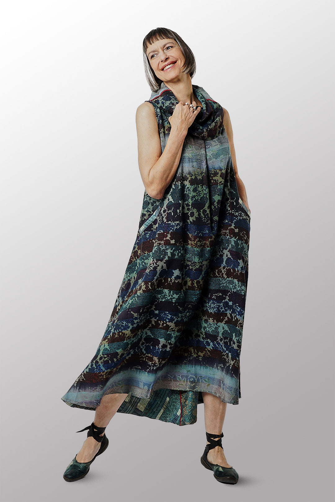 VINTAGE SILK GEORGETTE KANTHA COWL NECK MAXI DRESS - sg2438-0004m - VINTAGE SILK GEORGETTE KANTHA COWL NECK MAXI DRESS - sg2438-0004m -