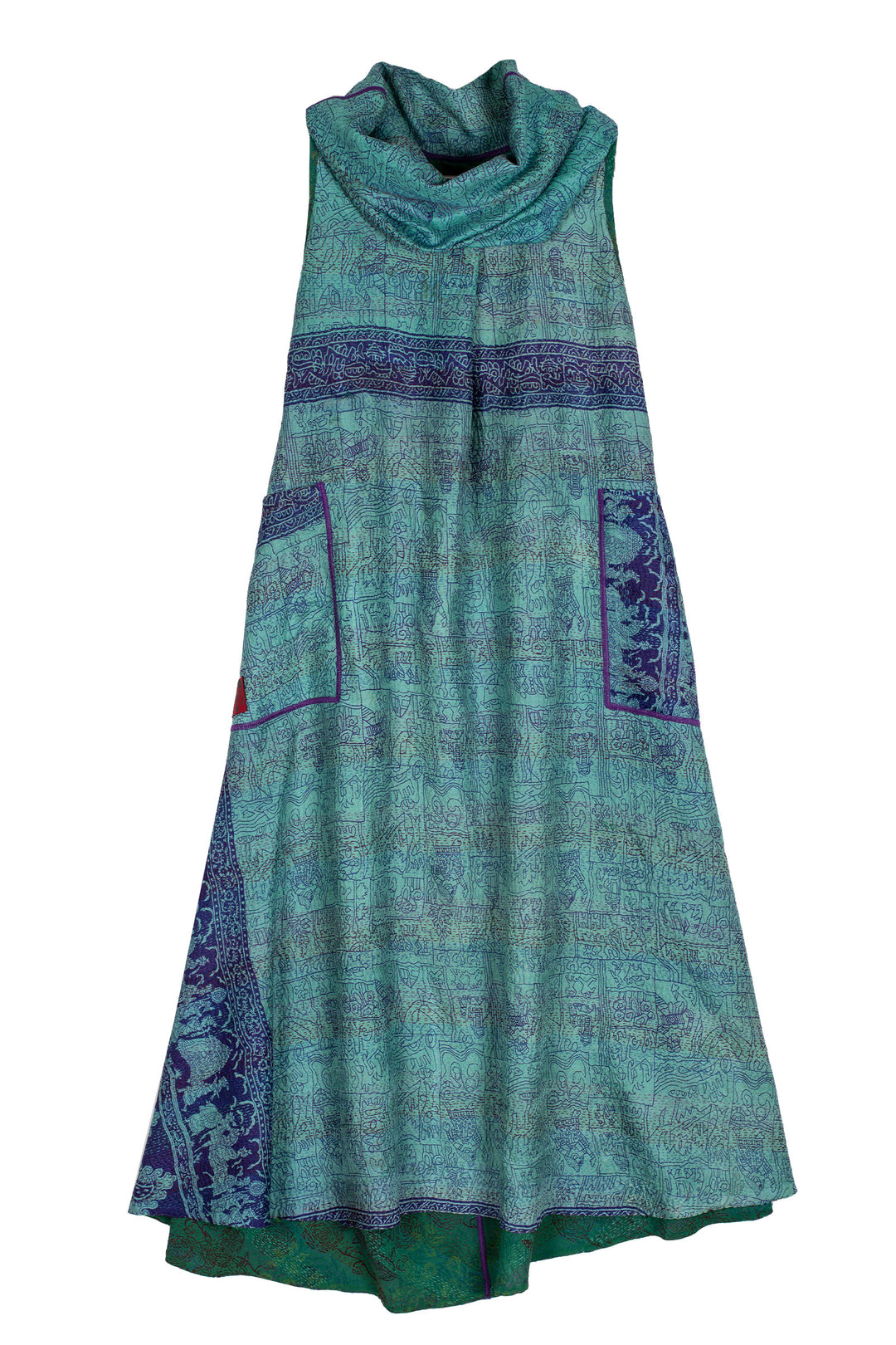 VINTAGE SILK GEORGETTE KANTHA COWL NECK MAXI DRESS - sg2438-0005s -