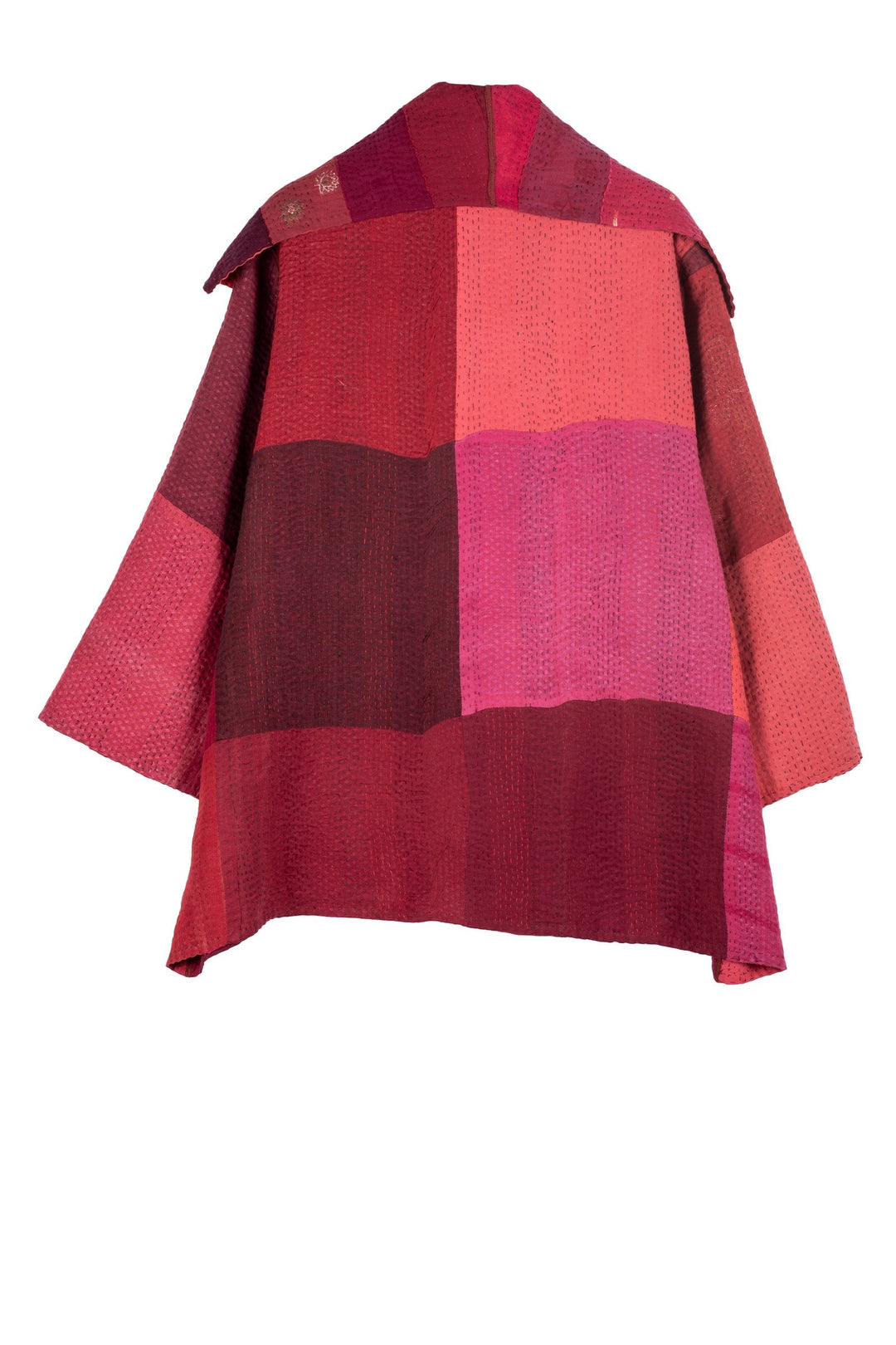 STRIPE AND CHECK COTTON SILK PATCH KANTHA  FLARE JACKET - ss4010-red -