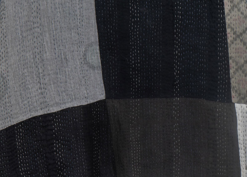 STRIPE AND CHECK COTTON SILK PATCH KANTHA MINI PONCHO - ss4060-blk -