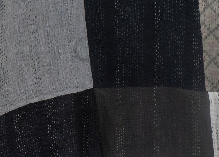STRIPE AND CHECK COTTON SILK PATCH KANTHA MINI PONCHO - ss4060-blk -