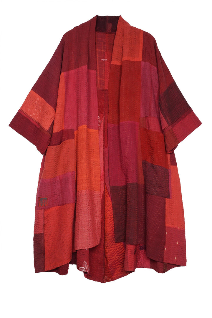 STRIPE AND CHECK COTTON SILK PATCH KANTHA 3/4 SLV. A-LINE DUSTER - ss4324-red -