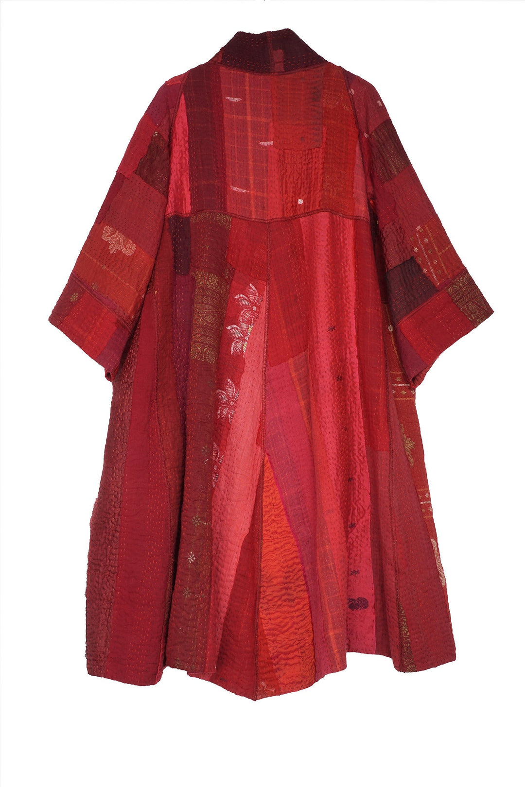 STRIPE AND CHECK COTTON SILK PATCH KANTHA 3/4 SLV. A-LINE DUSTER - ss4324-red -