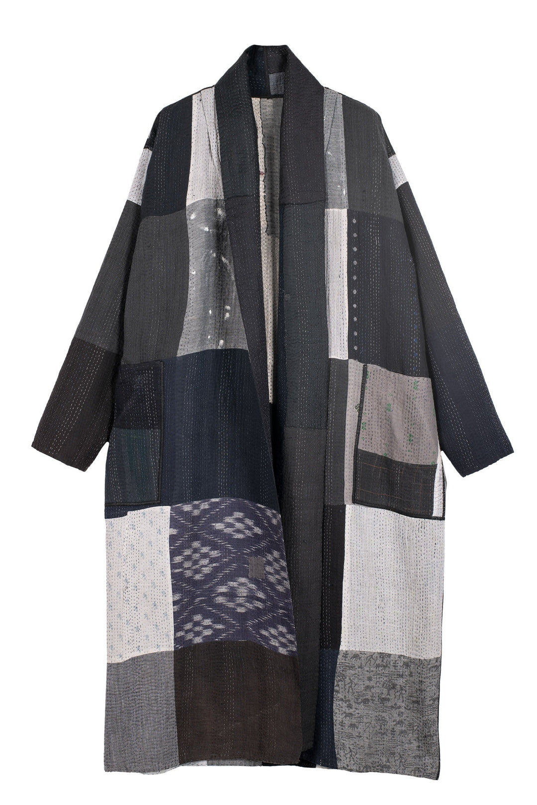 STRIPE AND CHECK COTTON SILK PATCH KANTHA  ROBE COAT - ss4329-blk -