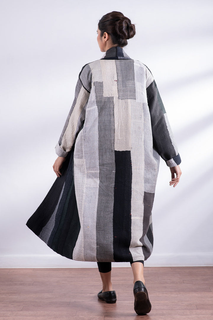 STRIPE AND CHECK COTTON SILK PATCH KANTHA  ROBE COAT - ss4329-blk -