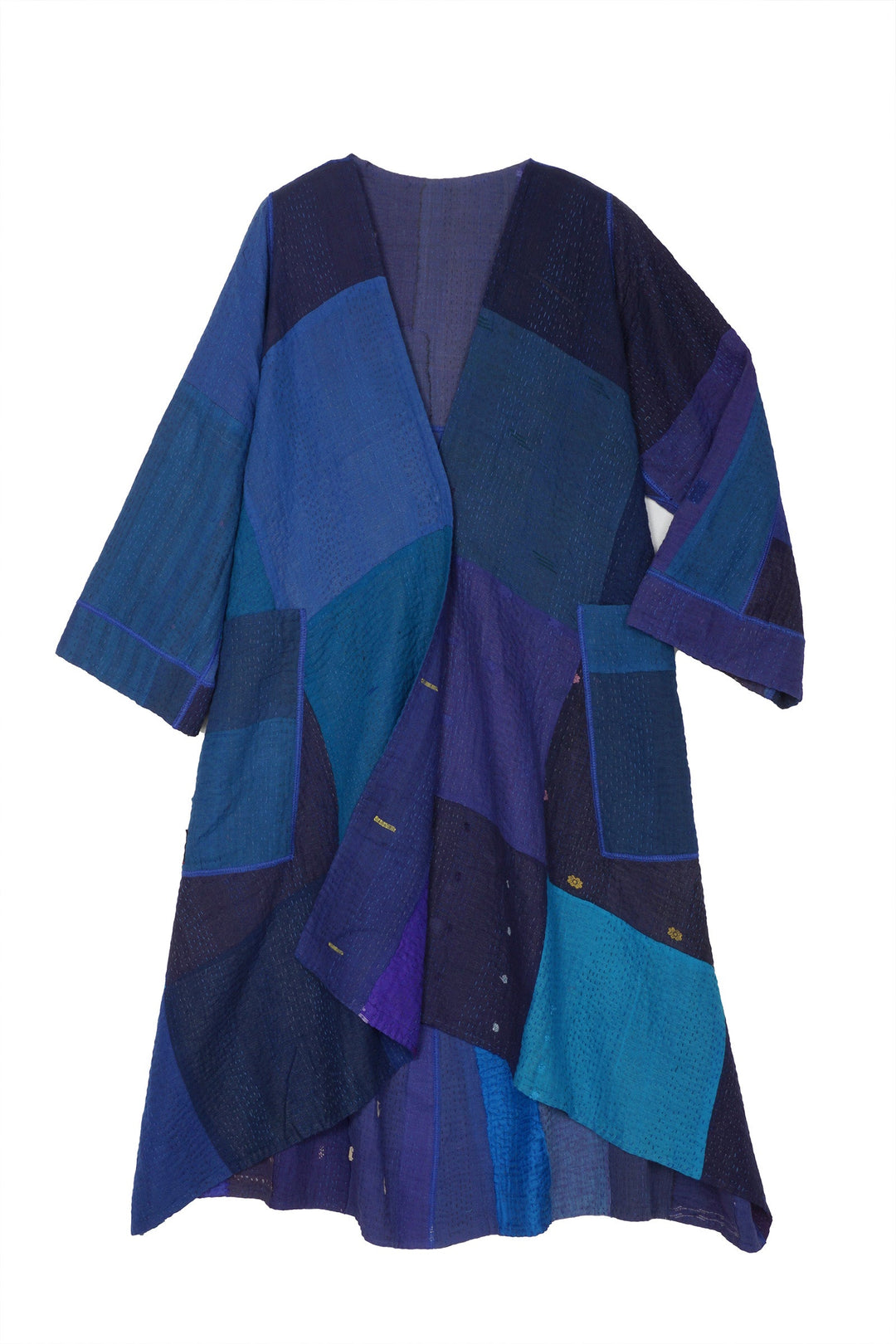 STRIPE AND CHECK COTTON SILK PATCH KANTHA  WRAP FLARE COAT - ss4330-blu -