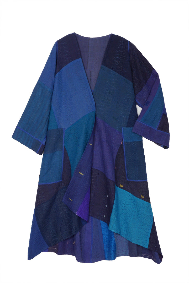 STRIPE AND CHECK COTTON SILK PATCH KANTHA  WRAP FLARE COAT - ss4330-blu -