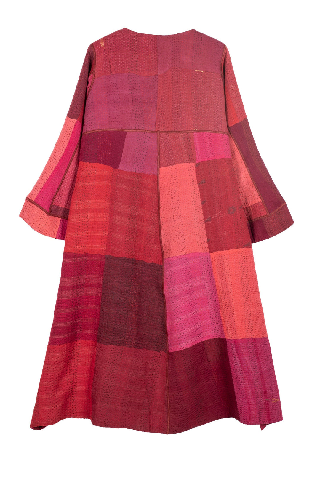 STRIPE AND CHECK COTTON SILK PATCH KANTHA  WRAP FLARE COAT - ss4330-red -