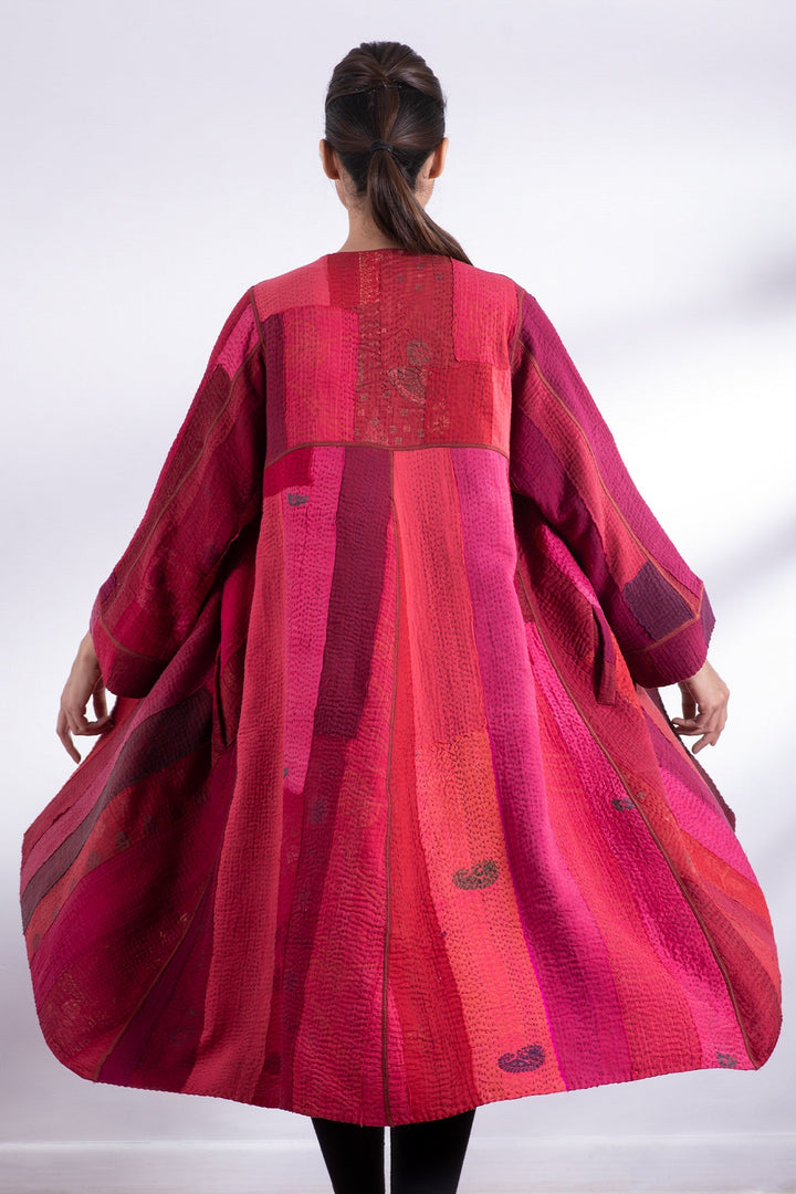 STRIPE AND CHECK COTTON SILK PATCH KANTHA  WRAP FLARE COAT - ss4330-red -
