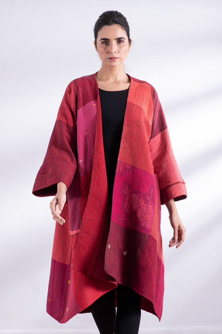STRIPE AND CHECK COTTON SILK PATCH KANTHA  WRAP FLARE COAT - ss4330-red -