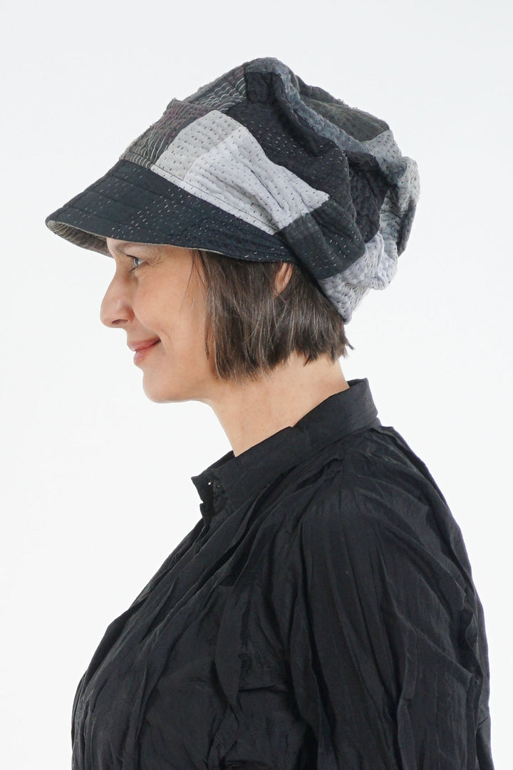 STRIPE AND CHECK COTTON SILK PATCH KANTHA HALF BRIM HAT - ss4881-blk -