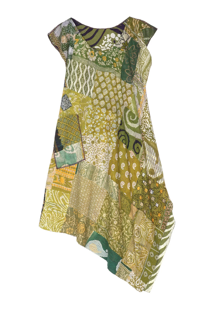 PATCHED PRINT KANTHA FRENCH SLV. FLARE DRESS - pp2406-grn -