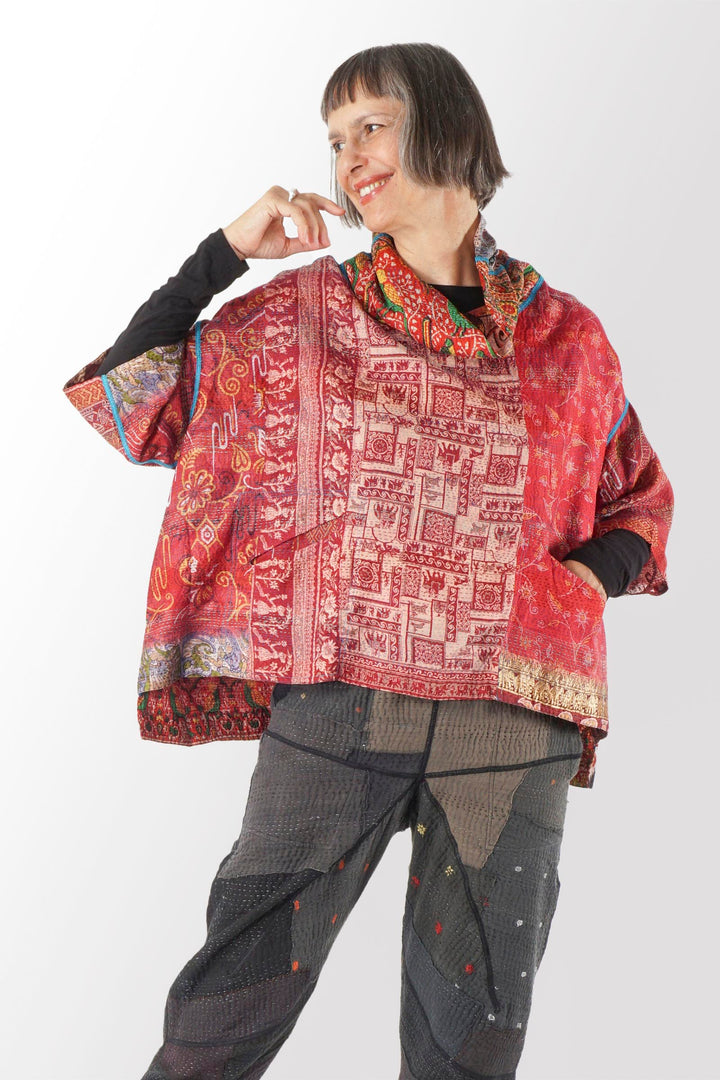 VINTAGE SILK KANTHA COWL NECK PONCHO - sv2061-0001a -