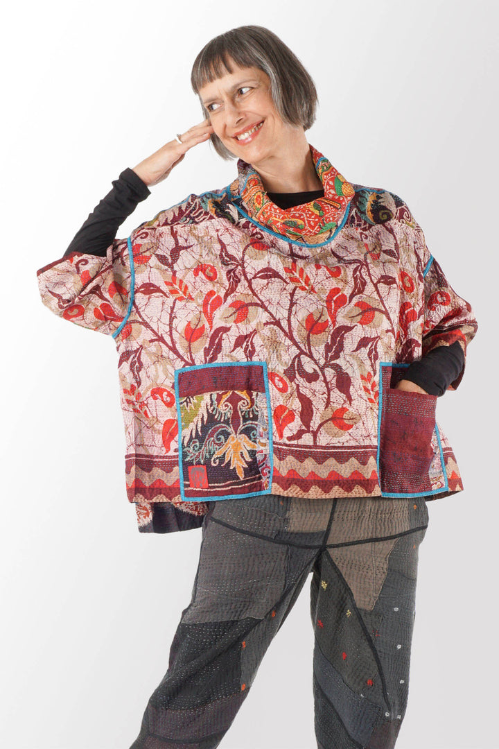 VINTAGE SILK KANTHA COWL NECK PONCHO - sv2061-0001a -