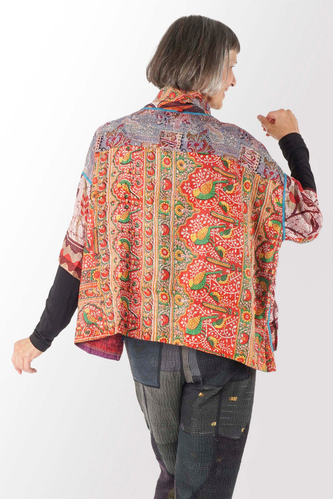 VINTAGE SILK KANTHA COWL NECK PONCHO - sv2061-0001a -