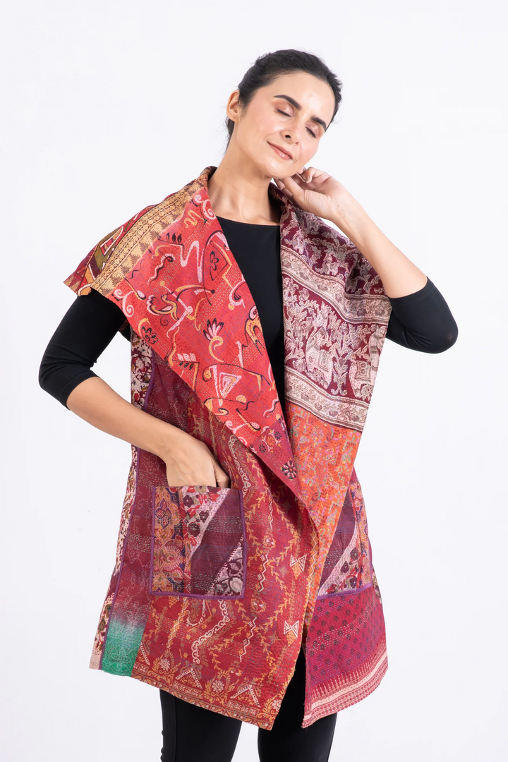 VINTAGE SILK KANTHA CIRCULAR VEST - sv2201-0090a -