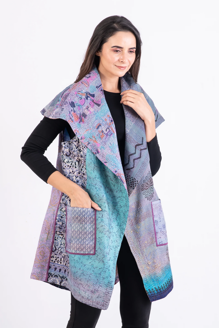 VINTAGE SILK KANTHA CIRCULAR VEST - sv2201-0092a -