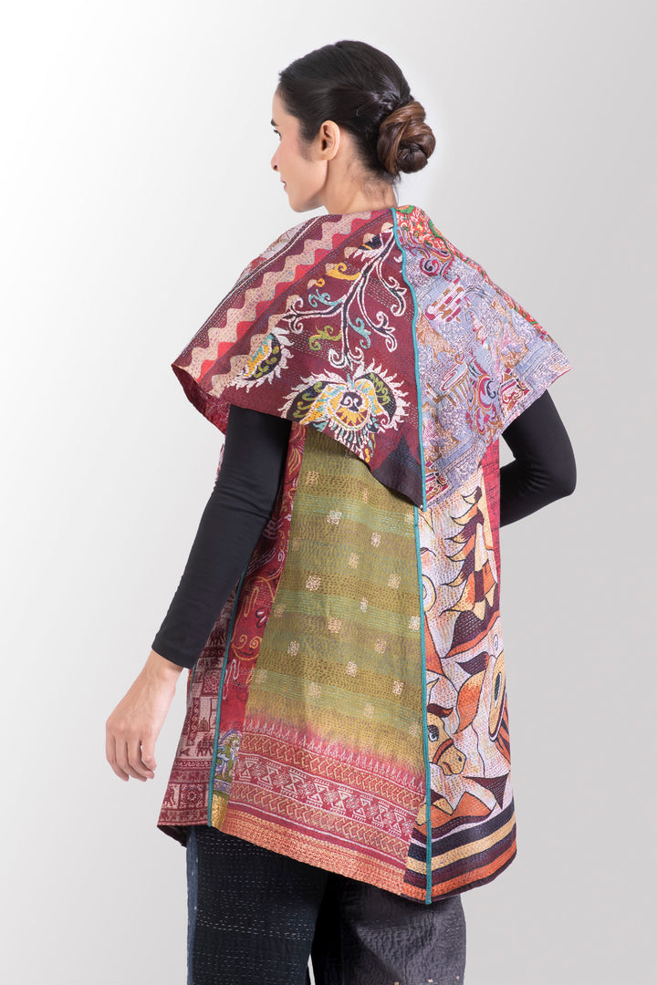 VINTAGE SILK KANTHA CIRCULAR VEST - sv2201-0093a -